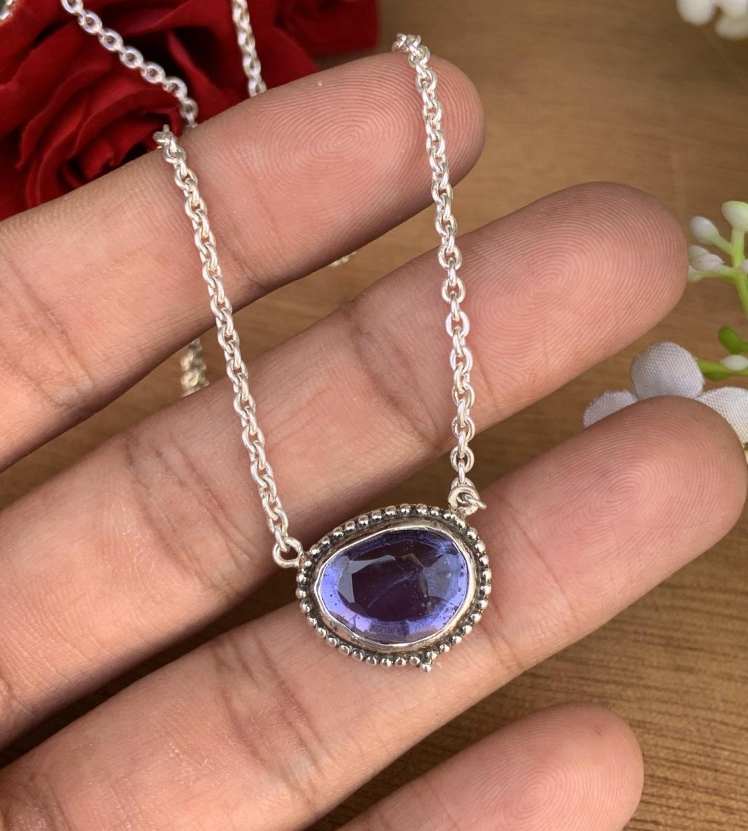 Natural Iolite Necklace – Sterling Silver & Gold Rosecut Pendant - BeadsBoatInc