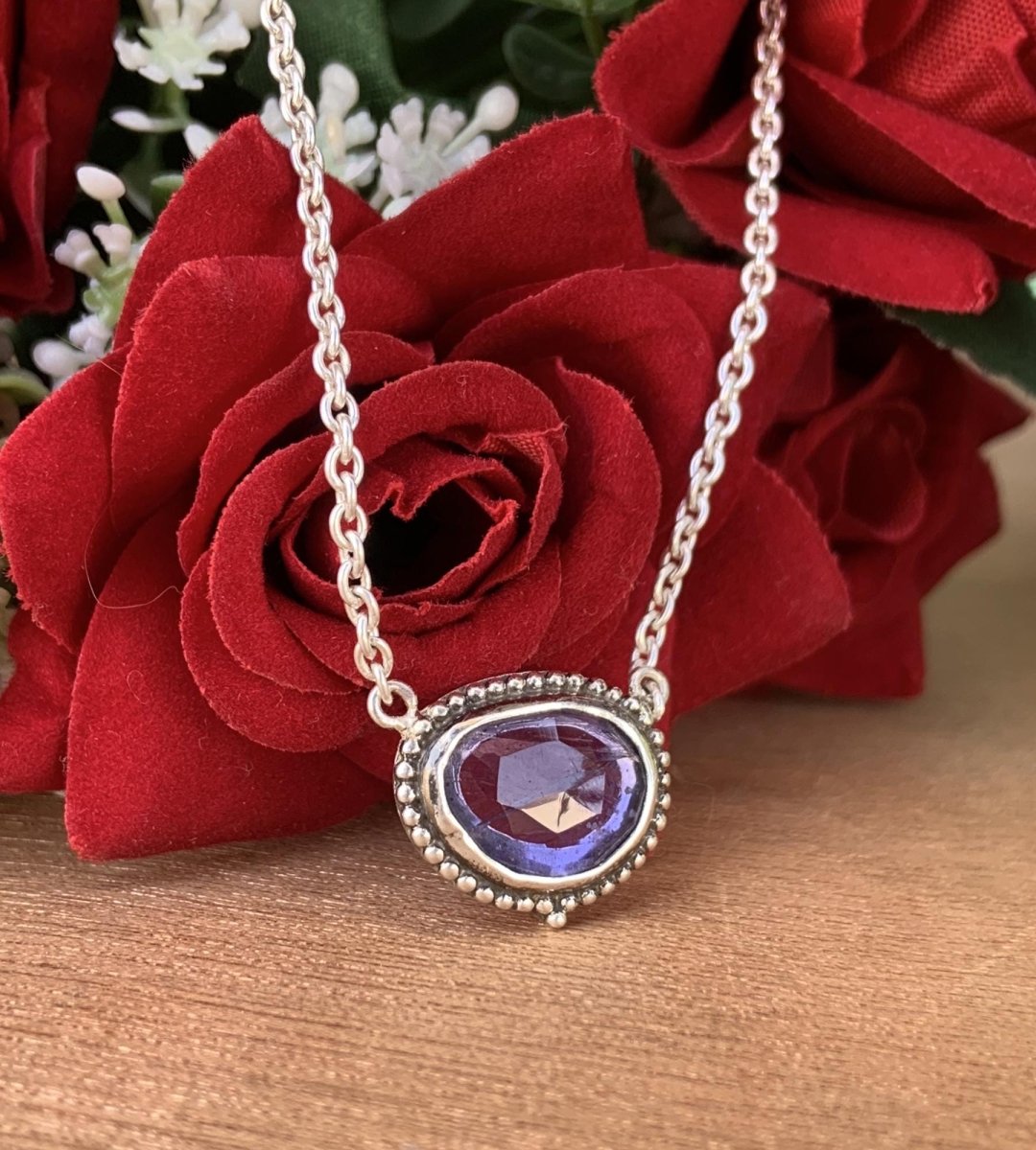 Natural Iolite Necklace – Sterling Silver & Gold Rosecut Pendant - BeadsBoatInc