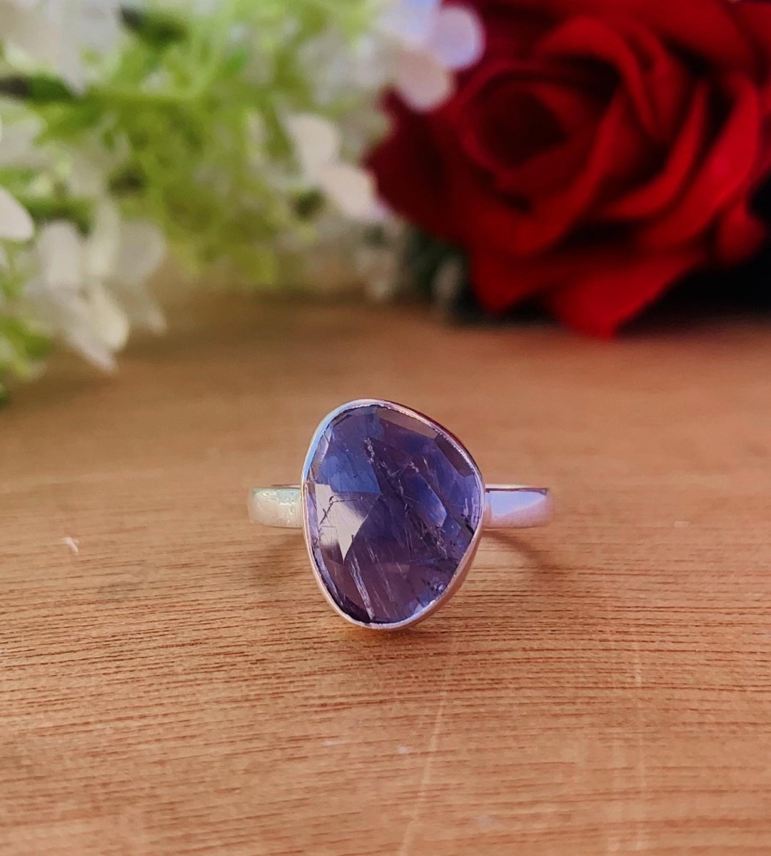 Natural Iolite Solitaire Ring, Rosecut Iolite Silver Gold Plated Ring - BeadsBoatInc
