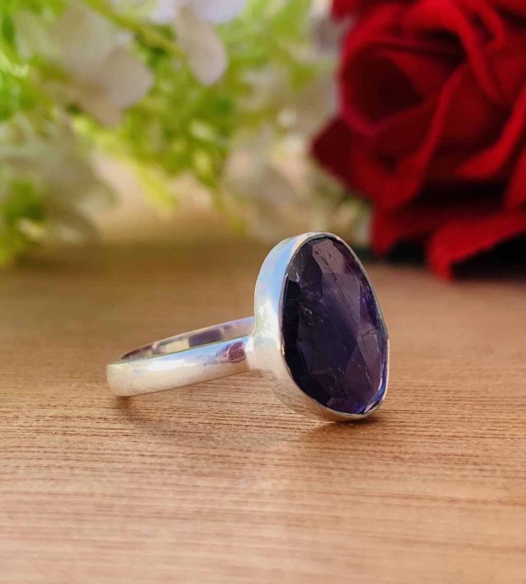 Natural Iolite Solitaire Ring, Rosecut Iolite Silver Gold Plated Ring - BeadsBoatInc