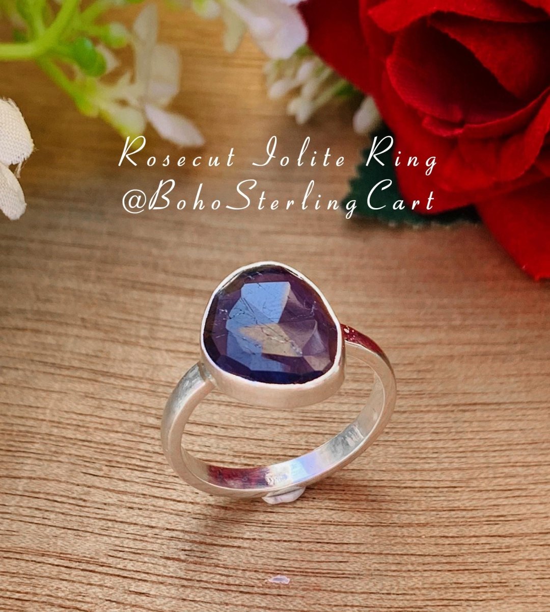Natural Iolite Solitaire Ring, Rosecut Iolite Silver Gold Plated Ring - BeadsBoatInc
