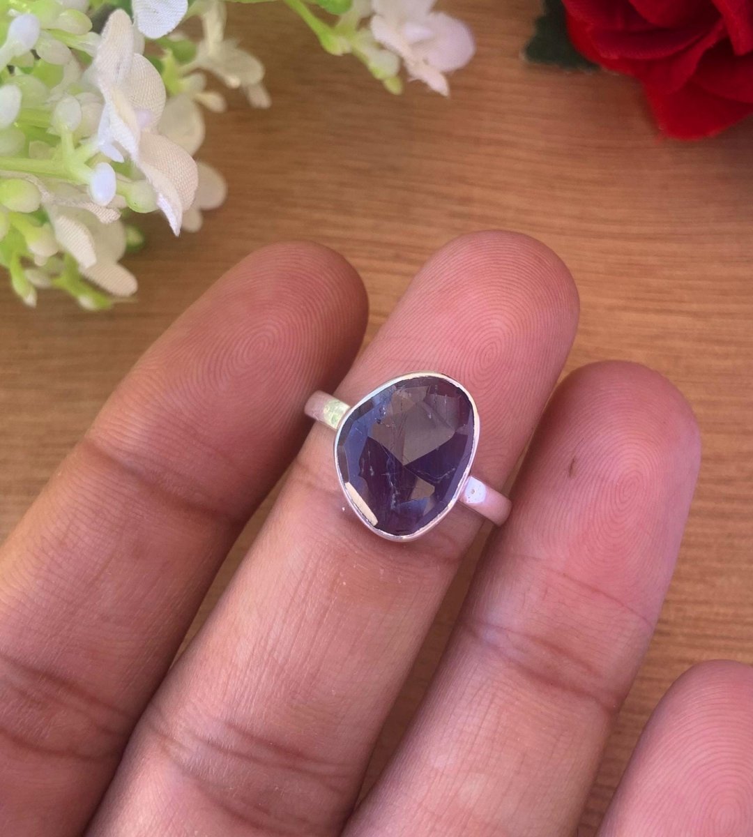 Natural Iolite Solitaire Ring, Rosecut Iolite Silver Gold Plated Ring - BeadsBoatInc