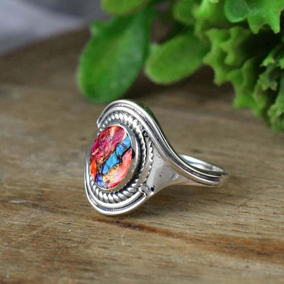 Natural Kingman Pink Dahlia Turquoise Ring | Dainty Oval | Boho Stackable Silver - BeadsBoatInc