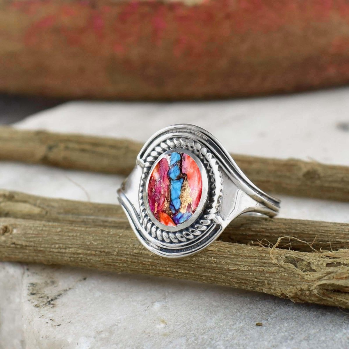Natural Kingman Pink Dahlia Turquoise Ring | Dainty Oval | Boho Stackable Silver - BeadsBoatInc