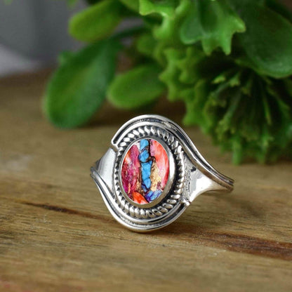 Natural Kingman Pink Dahlia Turquoise Ring | Dainty Oval | Boho Stackable Silver - BeadsBoatInc