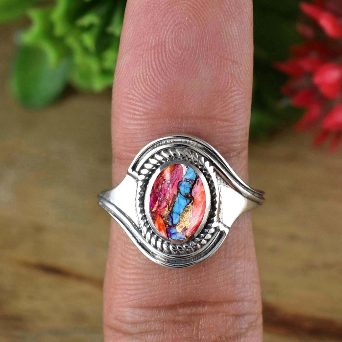Natural Kingman Pink Dahlia Turquoise Ring | Dainty Oval | Boho Stackable Silver - BeadsBoatInc
