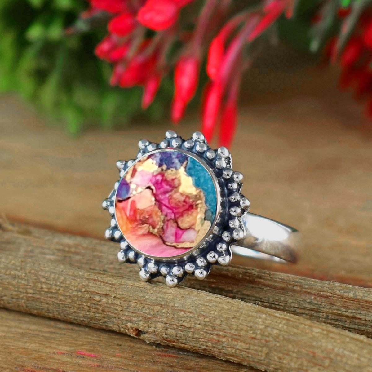 Natural Kingman Pink Dahlia Turquoise Ring, Wedding Statement Silver - BeadsBoatInc