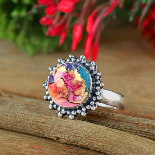 Natural Kingman Pink Dahlia Turquoise Ring, Wedding Statement Silver - BeadsBoatInc