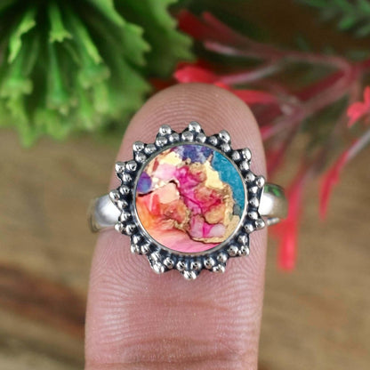 Natural Kingman Pink Dahlia Turquoise Ring, Wedding Statement Silver - BeadsBoatInc