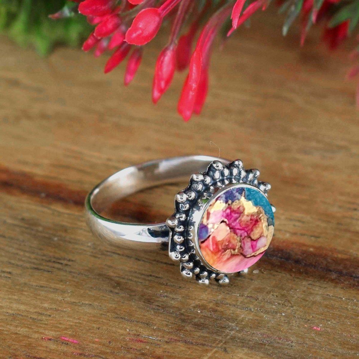 Natural Kingman Pink Dahlia Turquoise Ring, Wedding Statement Silver - BeadsBoatInc