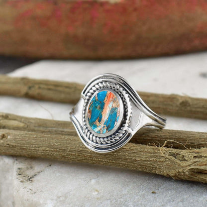 Natural Kingman Turquoise Oval Ring | Dainty Silver | Boho Stackable Band - BeadsBoatInc
