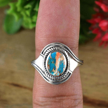 Natural Kingman Turquoise Oval Ring | Dainty Silver | Boho Stackable Band - BeadsBoatInc