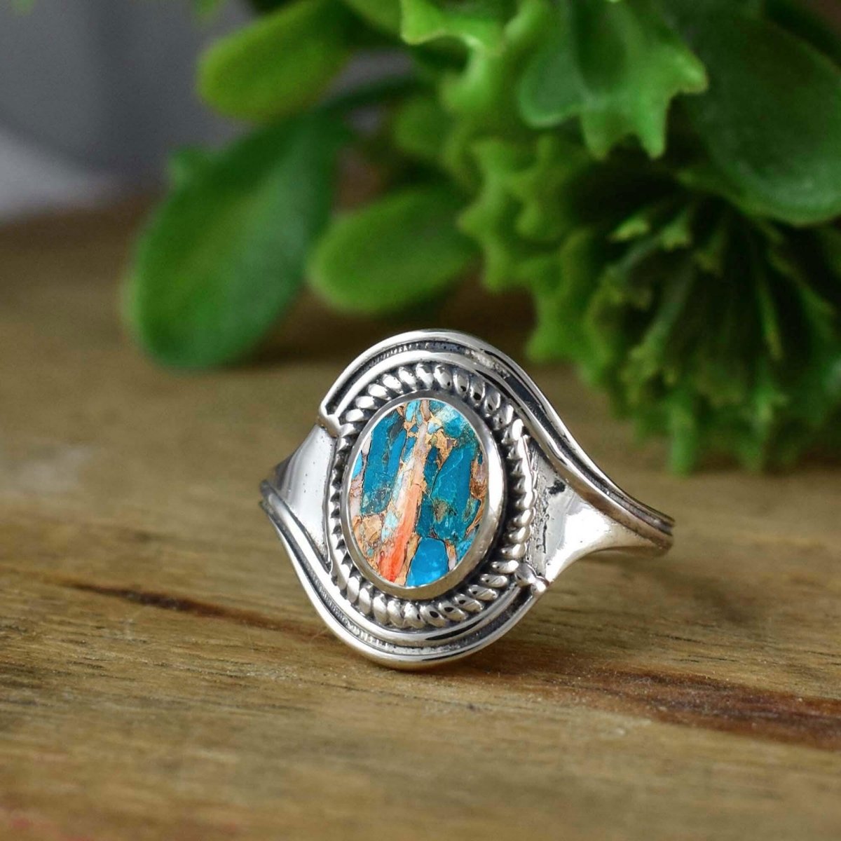 Natural Kingman Turquoise Oval Ring | Dainty Silver | Boho Stackable Band - BeadsBoatInc