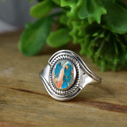 Natural Kingman Turquoise Oval Ring | Dainty Silver | Boho Stackable Band - BeadsBoatInc