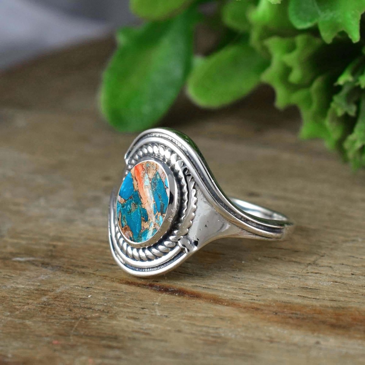 Natural Kingman Turquoise Oval Ring | Dainty Silver | Boho Stackable Band - BeadsBoatInc
