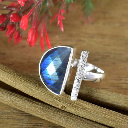 Natural Labradorite Adjustable Ring | Half Moon D - Shape - BeadsBoatInc