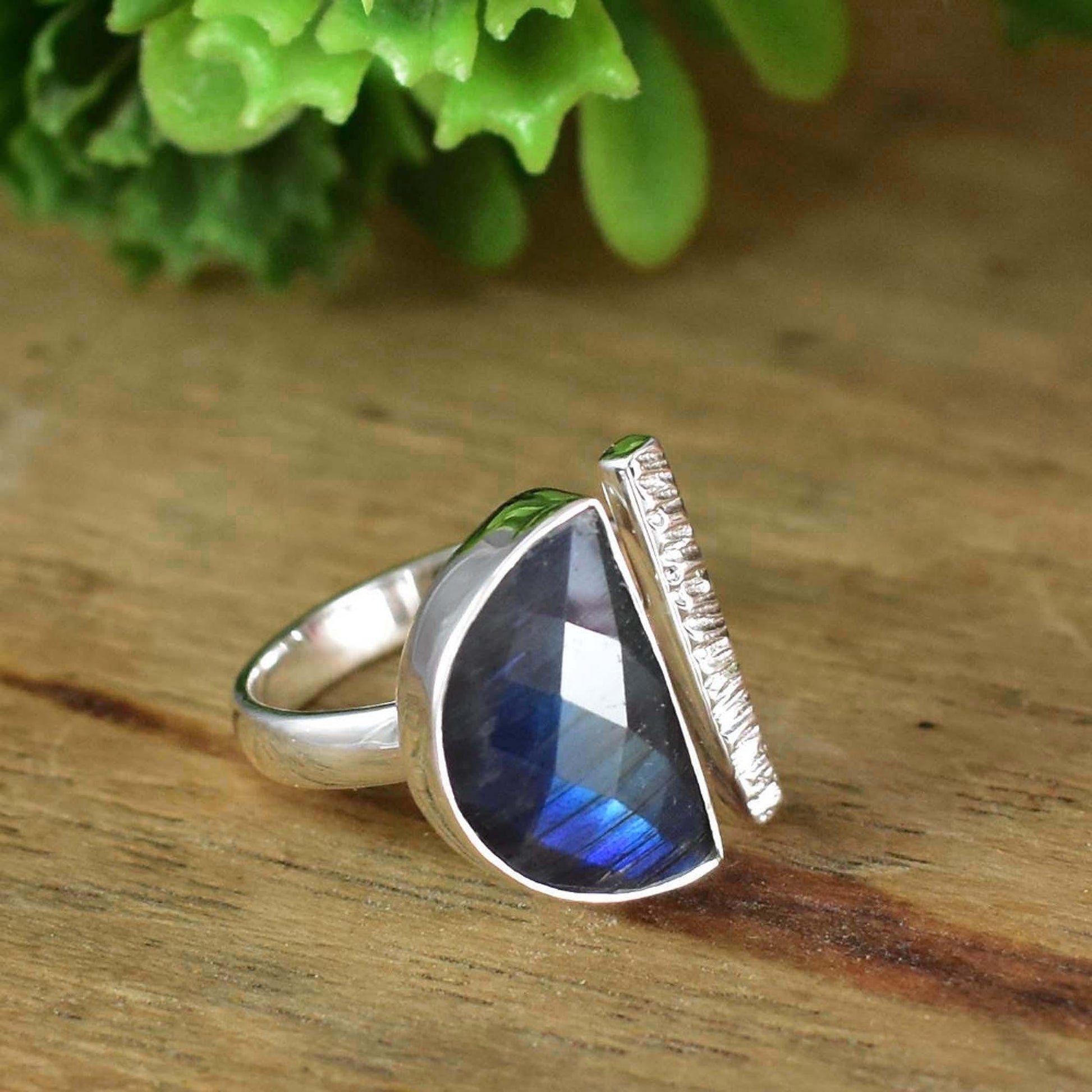 Natural Labradorite Adjustable Ring | Half Moon D - Shape - BeadsBoatInc