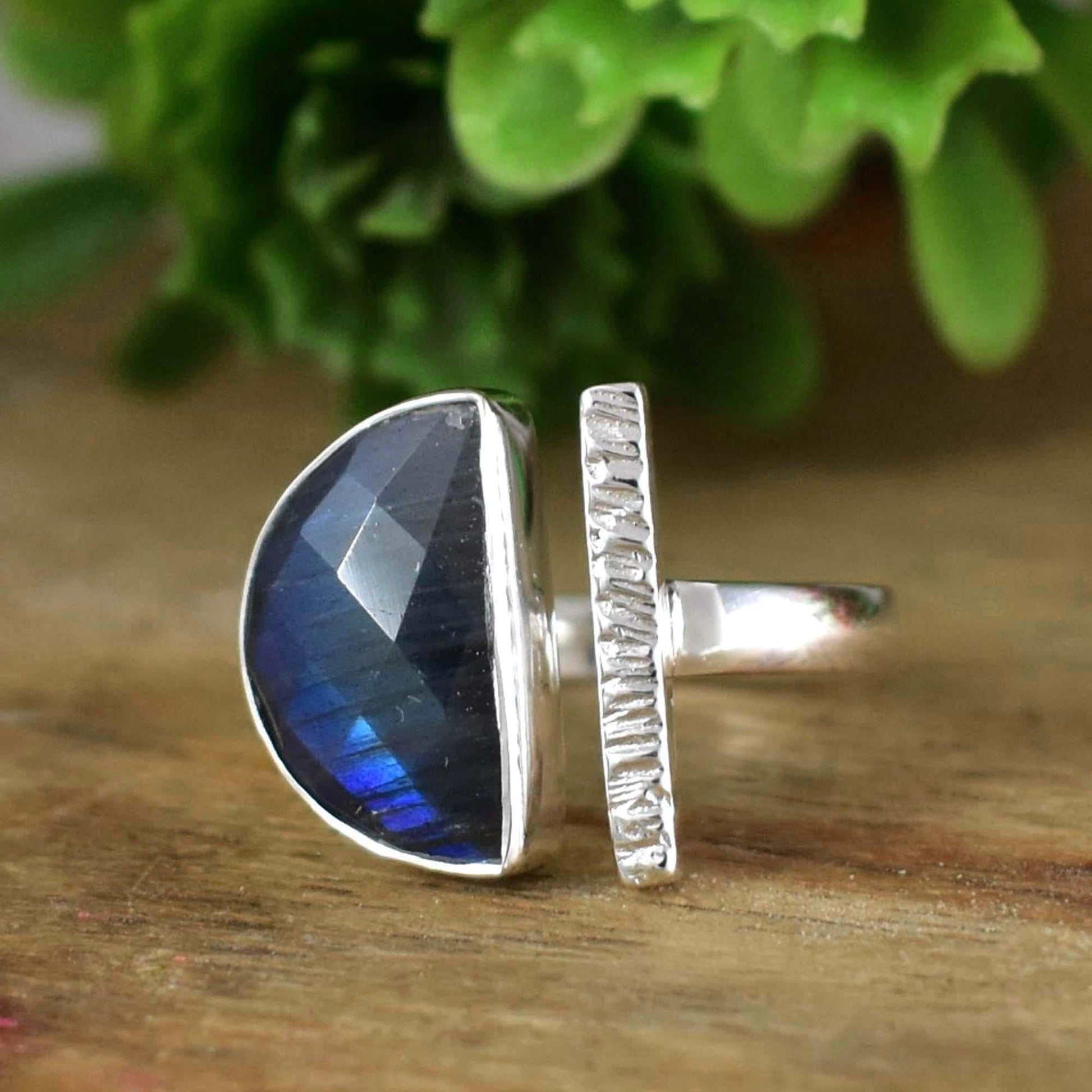 Natural Labradorite Adjustable Ring | Half Moon D - Shape - BeadsBoatInc