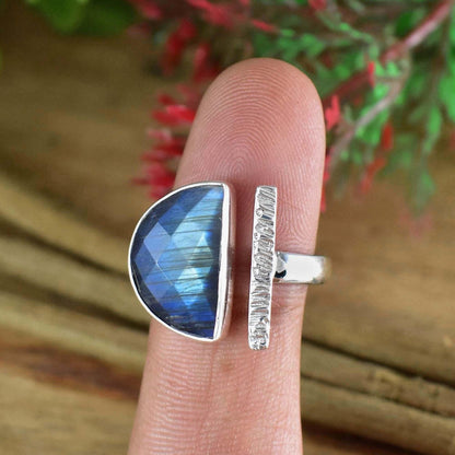 Natural Labradorite Adjustable Ring | Half Moon D - Shape - BeadsBoatInc