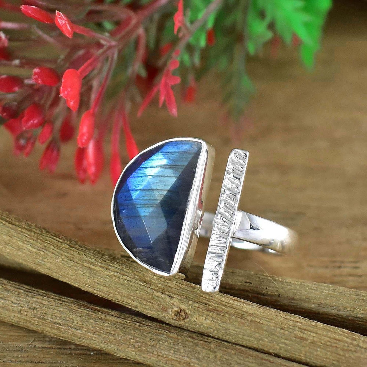 Natural Labradorite Adjustable Ring | Half Moon D - Shape - BeadsBoatInc
