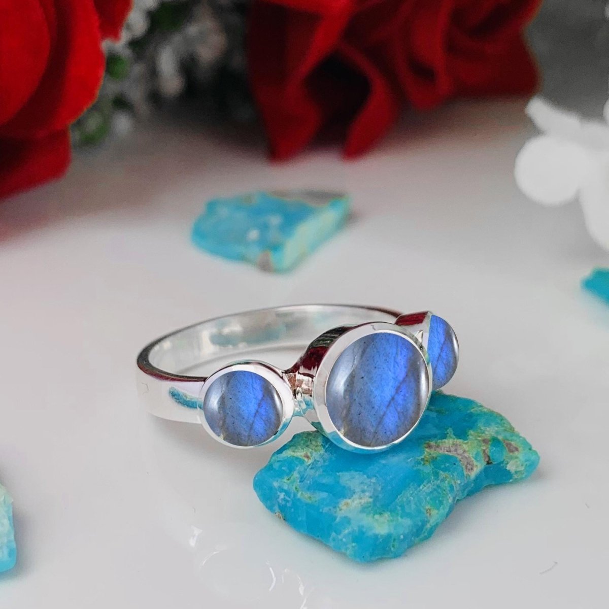 Natural Labradorite Dainty Ring | Silver & Gold Vermeil, Stacking Birthday Gift - BeadsBoatInc