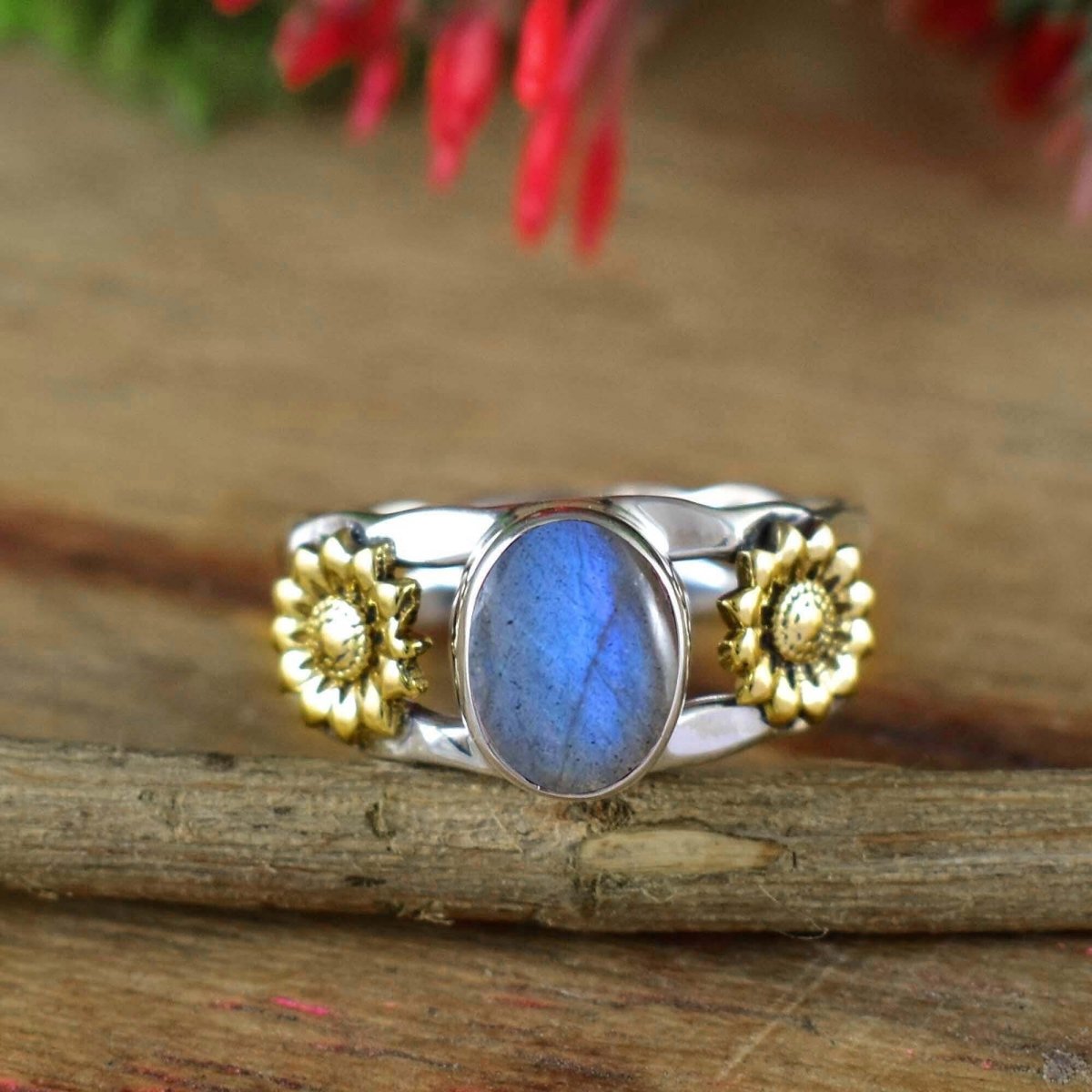 Natural Labradorite Hammered Sunflower Ring – 925 Silver - BeadsBoatInc