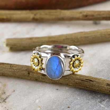 Natural Labradorite Hammered Sunflower Ring – 925 Silver - BeadsBoatInc