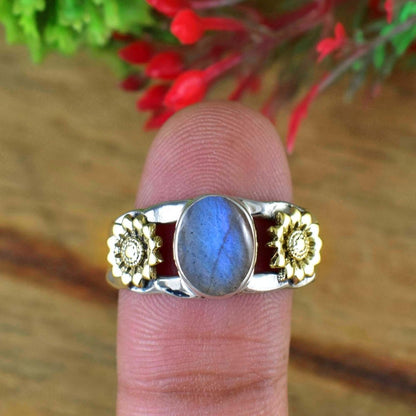 Natural Labradorite Hammered Sunflower Ring – 925 Silver - BeadsBoatInc
