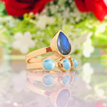 Natural Labradorite & Larimar Ring | 18K Gold Statement Band | Boho Wedding Gift - BeadsBoatInc
