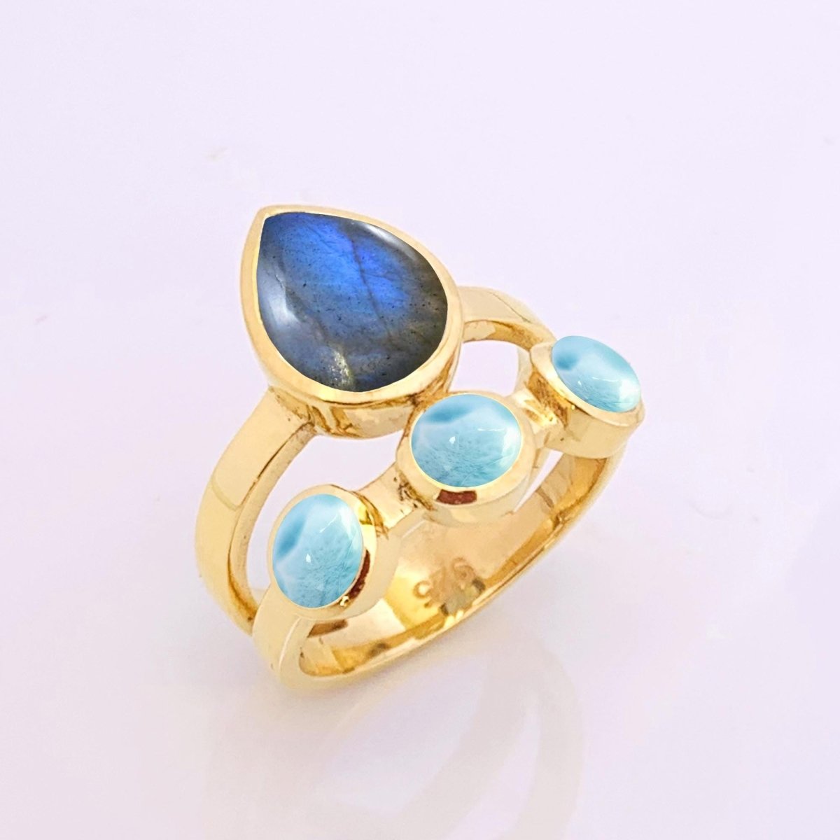 Natural Labradorite & Larimar Ring | 18K Gold Statement Band | Boho Wedding Gift - BeadsBoatInc