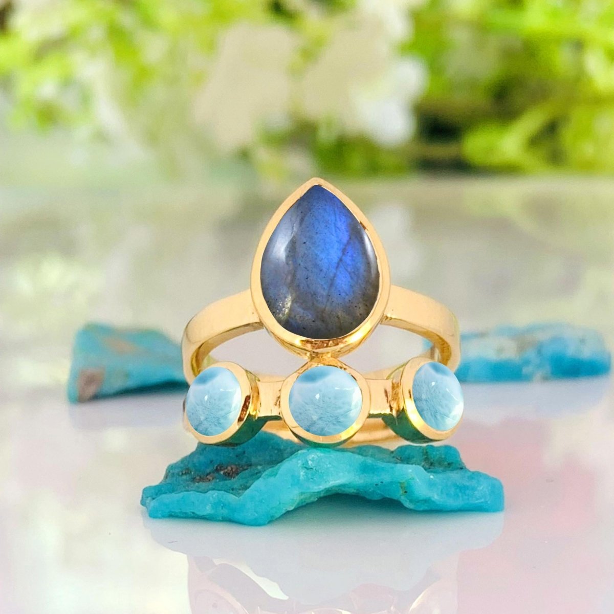 Natural Labradorite & Larimar Ring | 18K Gold Statement Band | Boho Wedding Gift - BeadsBoatInc