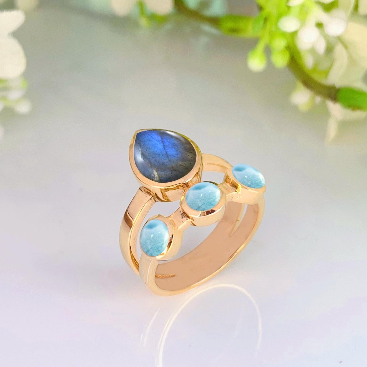 Natural Labradorite & Larimar Ring | 18K Gold Statement Band | Boho Wedding Gift - BeadsBoatInc