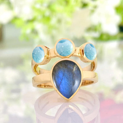 Natural Labradorite & Larimar Ring | 18K Gold Statement Band | Boho Wedding Gift - BeadsBoatInc