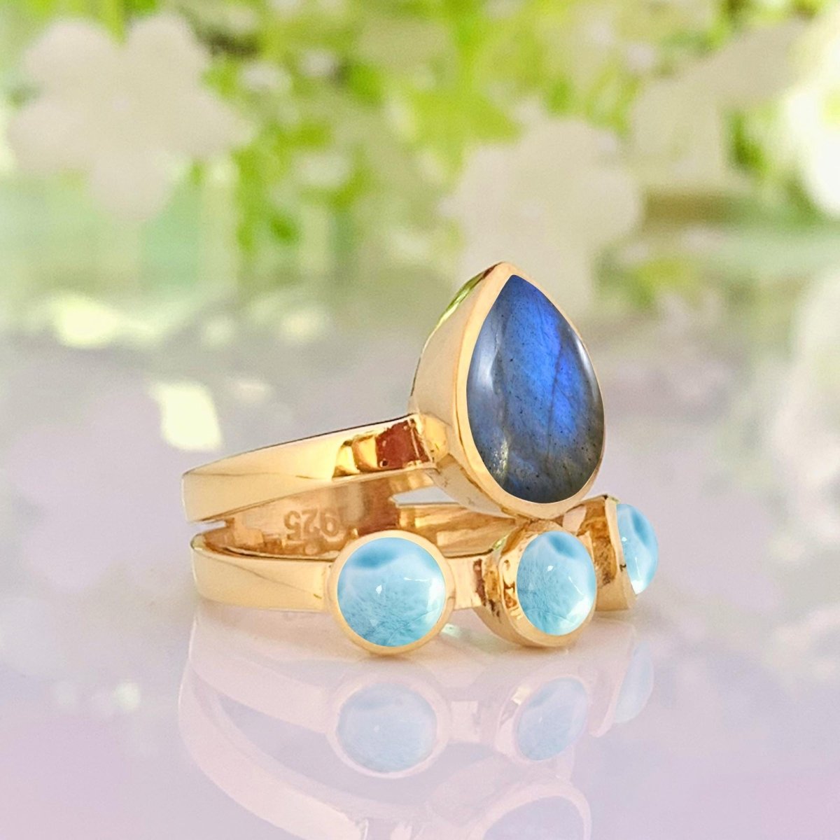 Natural Labradorite & Larimar Ring | 18K Gold Statement Band | Boho Wedding Gift - BeadsBoatInc