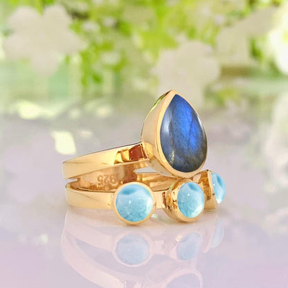 Natural Labradorite & Larimar Ring | 18K Gold Statement Band | Boho Wedding Gift - BeadsBoatInc