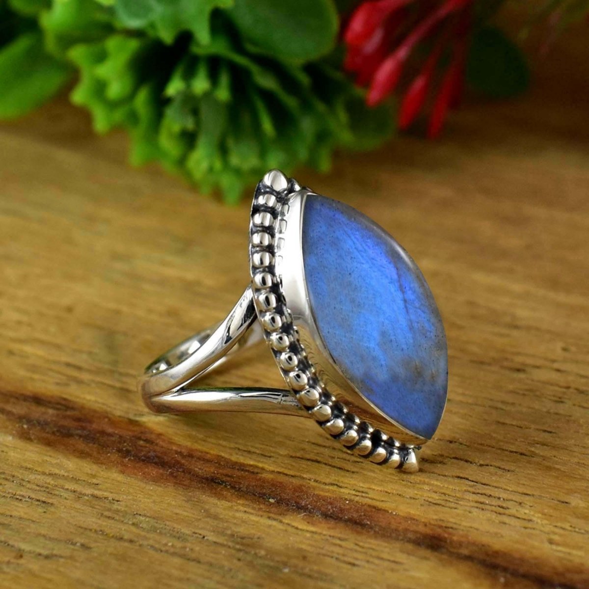 Natural Labradorite Marquise Ring, Split Shank, Boho Silver Statement - BeadsBoatInc
