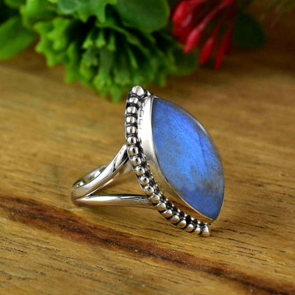 Natural Labradorite Marquise Ring, Split Shank, Boho Silver Statement - BeadsBoatInc