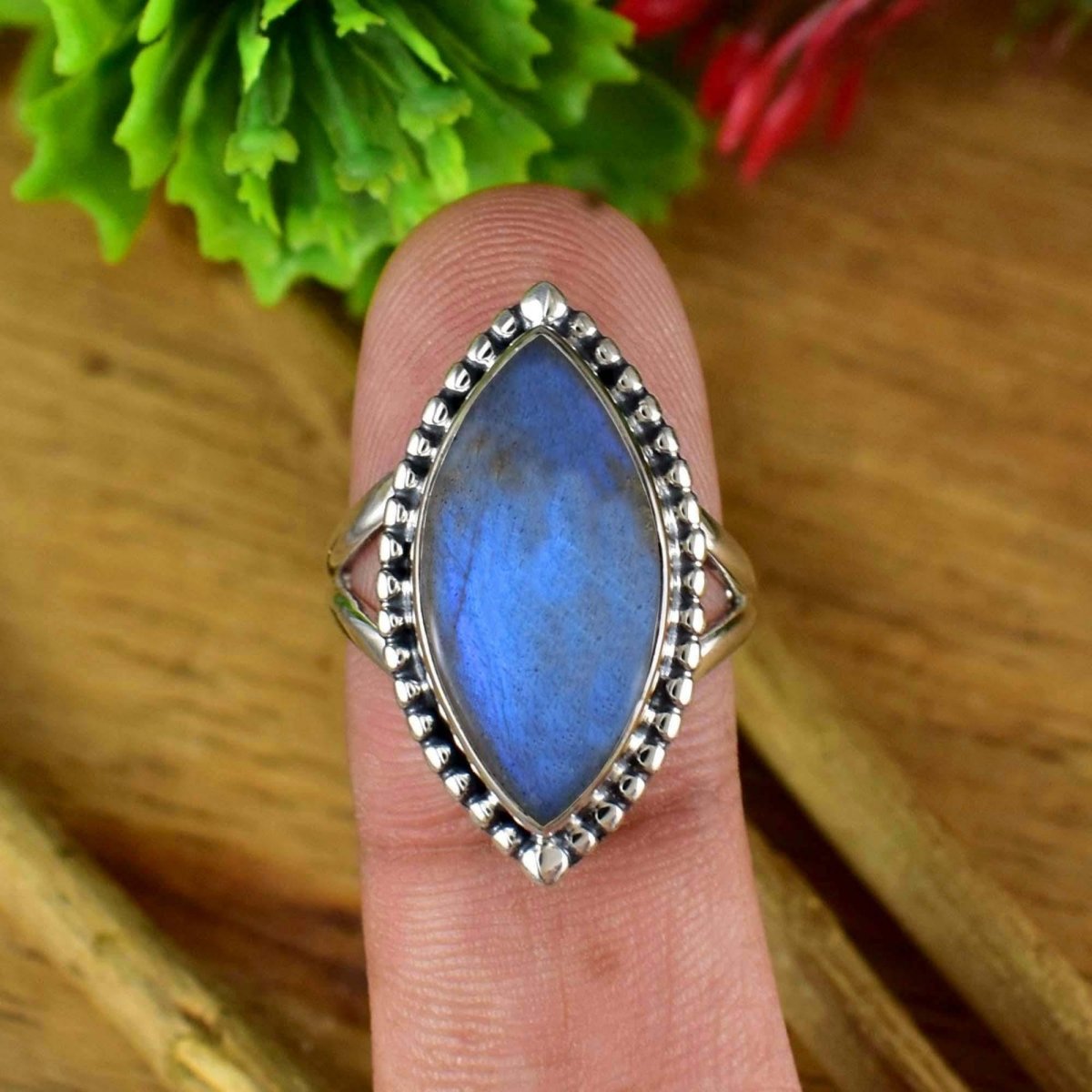 Natural Labradorite Marquise Ring, Split Shank, Boho Silver Statement - BeadsBoatInc
