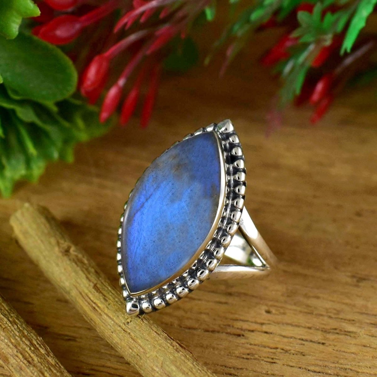 Natural Labradorite Marquise Ring, Split Shank, Boho Silver Statement - BeadsBoatInc