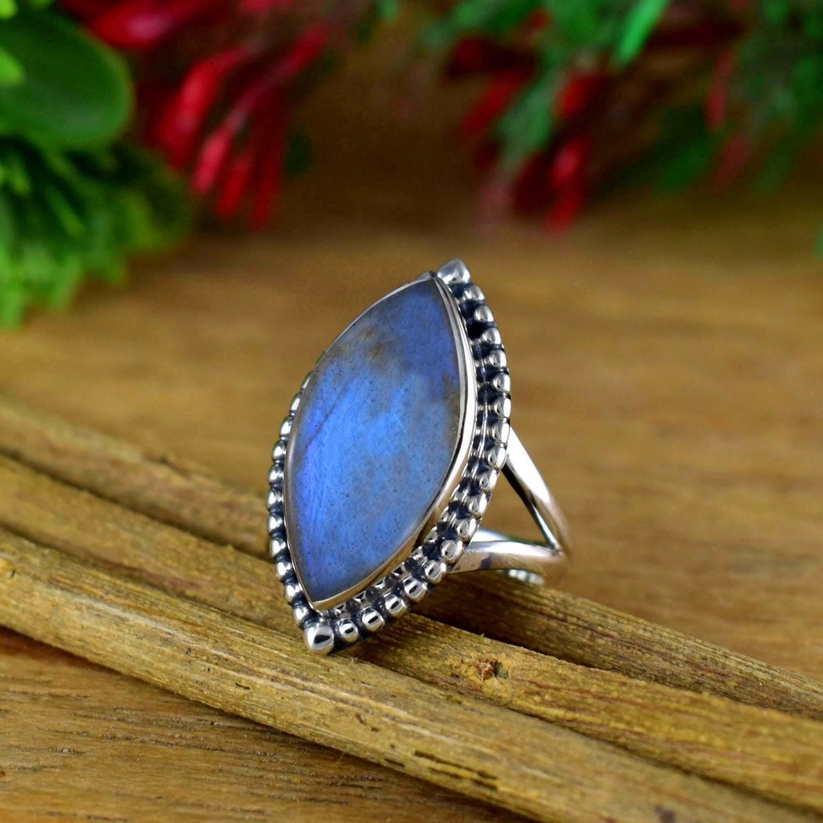 Natural Labradorite Marquise Ring, Split Shank, Boho Silver Statement - BeadsBoatInc
