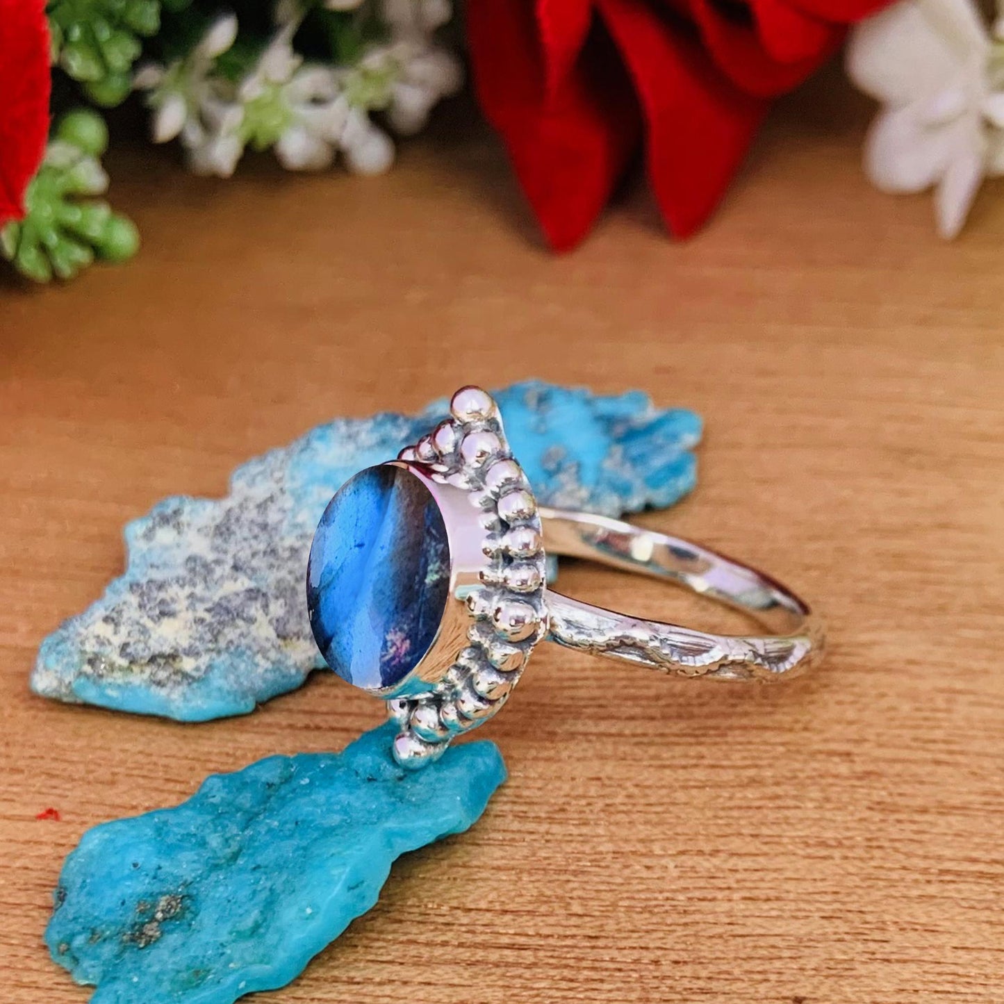 Natural Labradorite Minimalist Ring | Sterling Silver | Boho Promise Ring - BeadsBoatInc