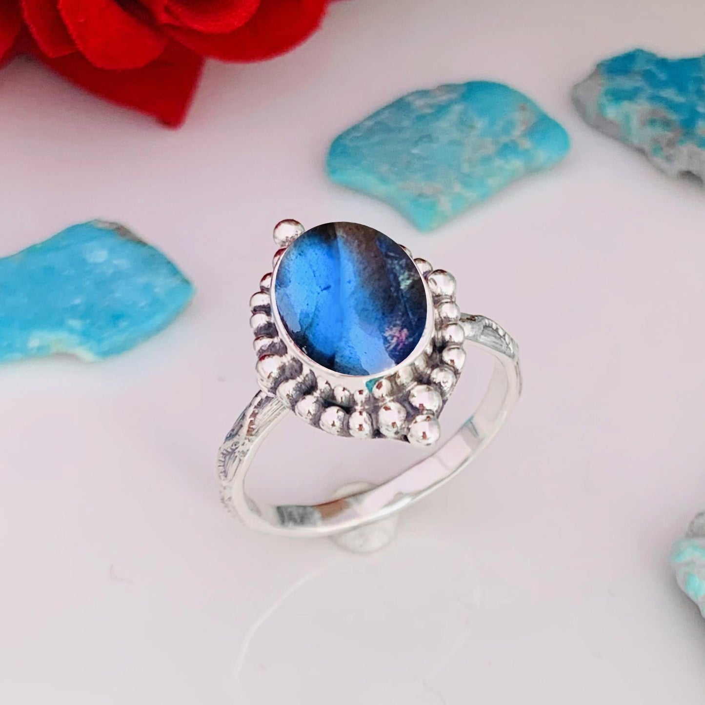 Natural Labradorite Minimalist Ring | Sterling Silver | Boho Promise Ring - BeadsBoatInc