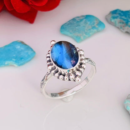 Natural Labradorite Minimalist Ring | Sterling Silver | Boho Promise Ring - BeadsBoatInc