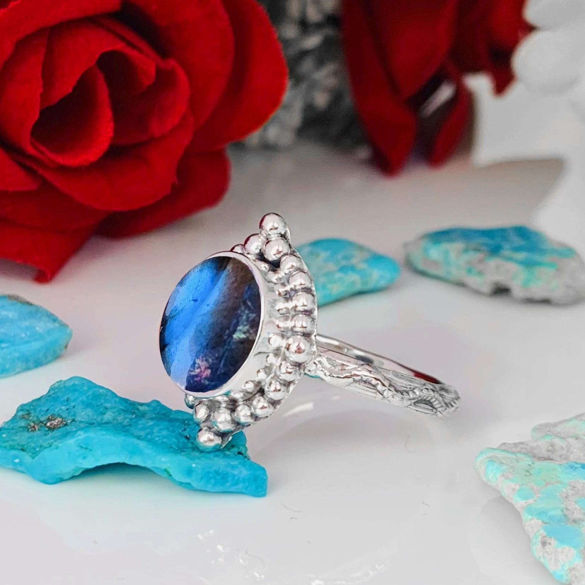 Natural Labradorite Minimalist Ring | Sterling Silver | Boho Promise Ring - BeadsBoatInc