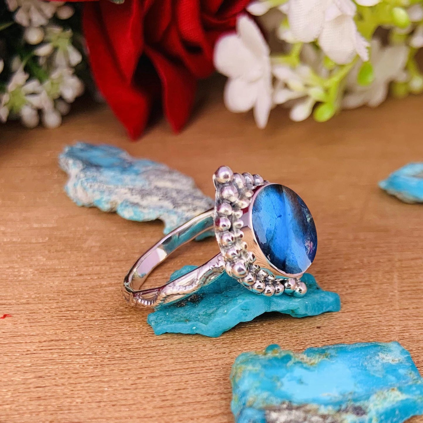 Natural Labradorite Minimalist Ring | Sterling Silver | Boho Promise Ring - BeadsBoatInc