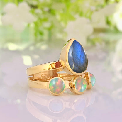 Natural Labradorite & Opal Ring | Gold Boho Statement - BeadsBoatInc