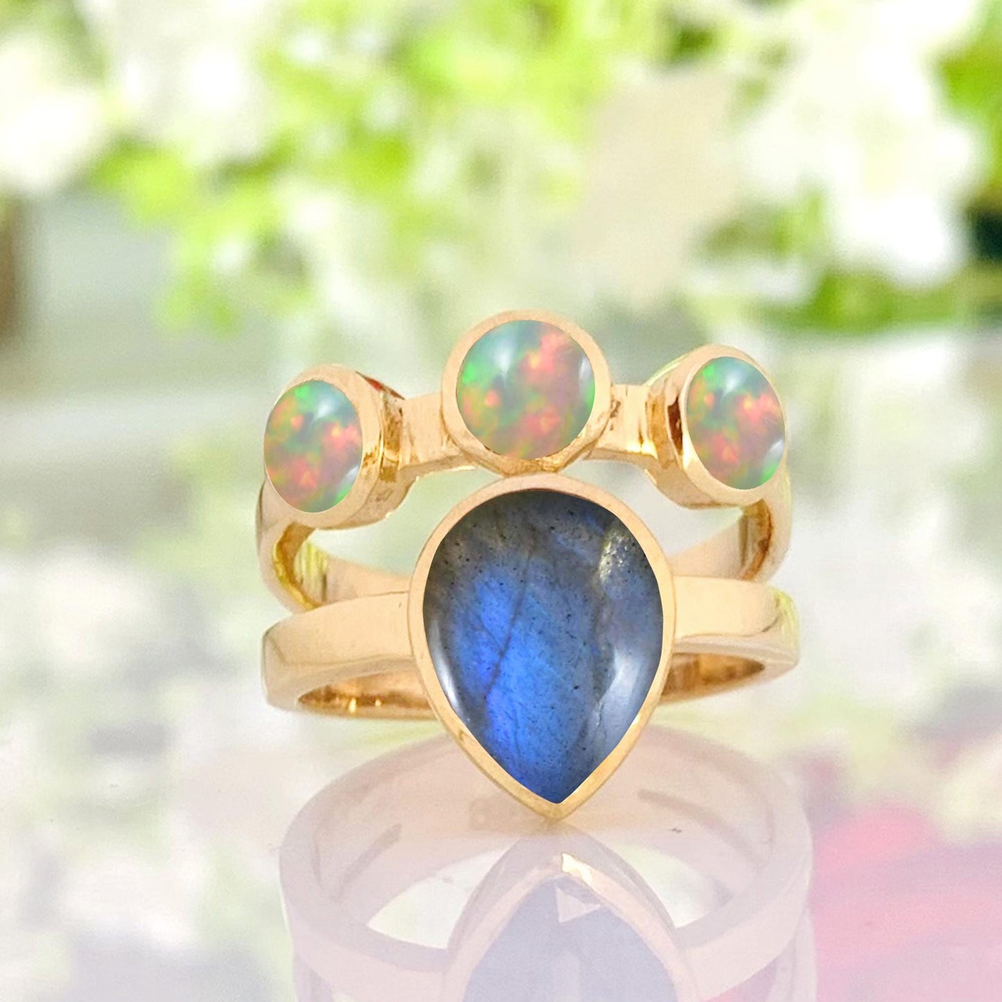 Natural Labradorite & Opal Ring | Gold Boho Statement - BeadsBoatInc