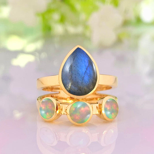 Natural Labradorite & Opal Ring | Gold Boho Statement - BeadsBoatInc