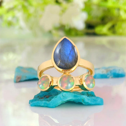 Natural Labradorite & Opal Ring | Gold Boho Statement - BeadsBoatInc