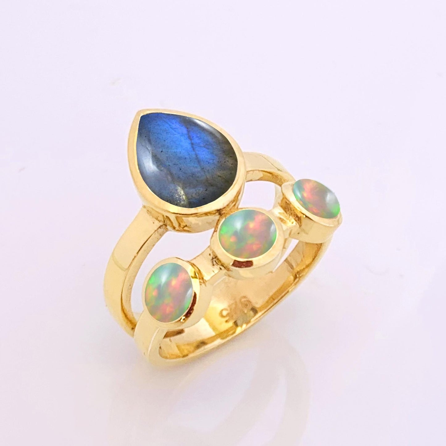 Natural Labradorite & Opal Ring | Gold Boho Statement - BeadsBoatInc